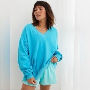 Aerie Vacay Every Day V-Neck Sweatshirt in bright blue